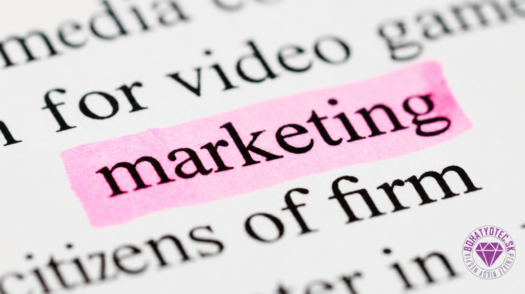 Zvýraznené slovo marketing v texte s logom Bohatý Otec