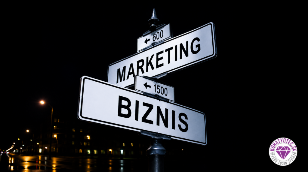 Nočný smerovník s nápismi marketing a biznis s logom Bohatý Otec