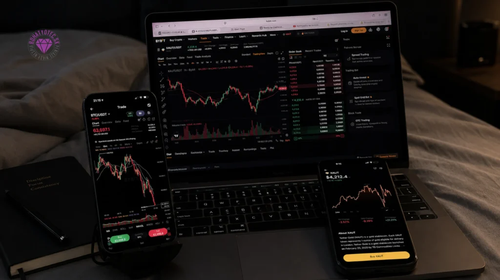 Notebook a dva smartfóny zobrazujúce burzové grafy