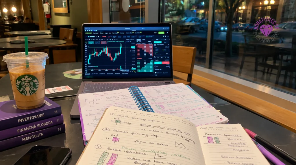 Štúdium investovania do akcií pri notebooku v kaviarni