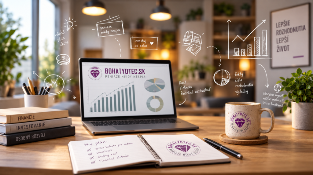 Pracovný stôl s notebookom, finančnými grafmi a logom Bohatý Otec