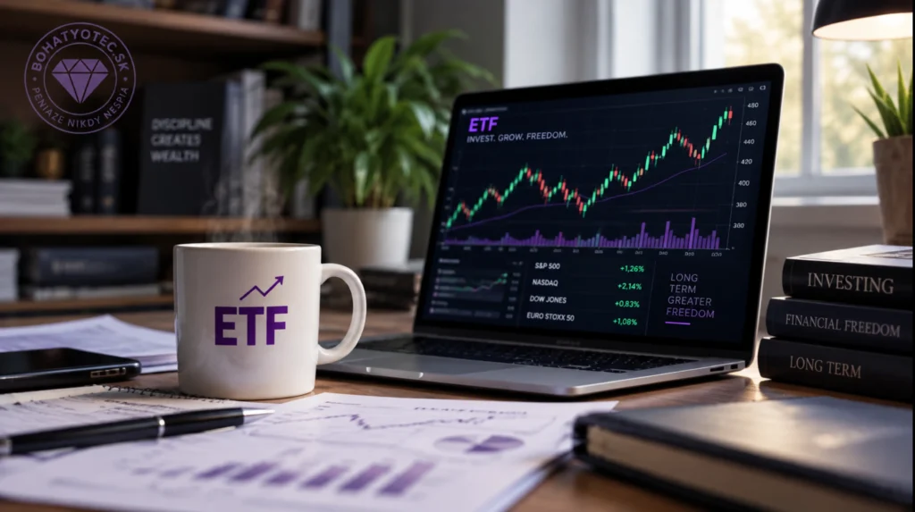 ETF investovanie na notebooku s grafom rastu a logom Bohatý otec