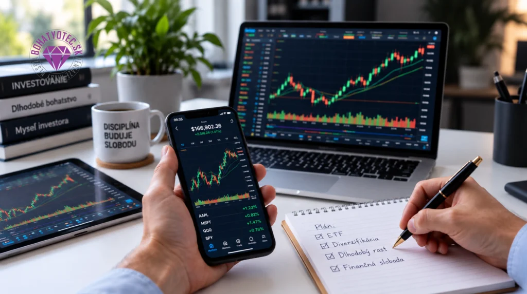 Investor sleduje burzové grafy na notebooku a mobile